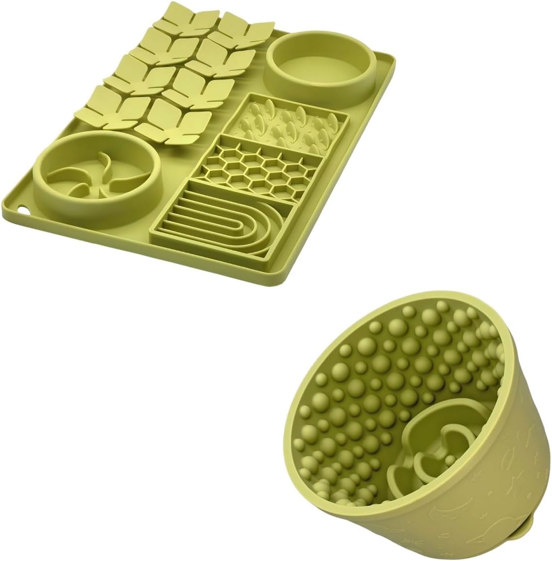 Slow Feeder Bowl Bundle: Green 4in1 Licking mat (15.75" x 10.5" x 1.2") + Green Starry Sky Feeder (4.3" x 2.9"), Silicone Lick mat with Suction Cups for Slow Eating and Keep Busy