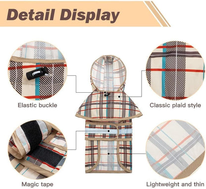 KOOLTAIL Dog Raincoat Hooded Slicker Poncho with Leash Hole, Raincoat for Small Medium Dogs, Waterproof Doggie Rain Jacket with Reflective Strip, Adjustable Breathable Plaid Puppy Rainwear-Beige M