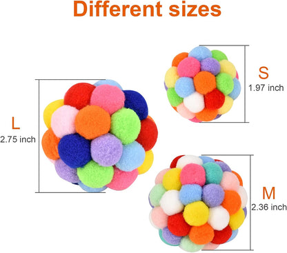 TUSATIY Cat Toy Balls with Bell 3PCS, Colorful Soft Fuzzy Balls Built-in Bell for Cats, Interactive Playing Chewing Toys for Indoor Cats and Kittens