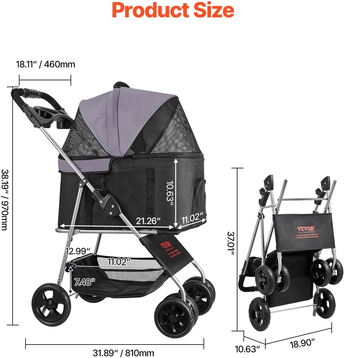 VEVOR Pet Stroller, 35 lbs Weight Capacity, Foldable Dog Stroller Cart, 4 Wheels Cats Strollers with with Detachable Carrier & Mesh Windows, Portable Design with Brake for Small to Medium Pets