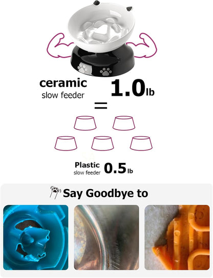 Y YHY Ceramic Cat Slow Feeder, Elevated Dog Food Bowl Tilted Design, Slow Feeder Bowl no Black Chin, Cat Shape for Dry and Wet Food