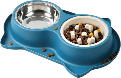 Slow Feeder Dog Food Bowls:Non-Spill/Skid/Ant Prevention Stainless Steel Food & Water Dish Set for S/M/L Size Dogs, Cats, Puppy Pets to Slow Down Feeding (Blue)