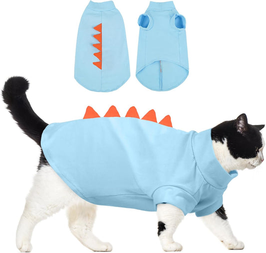 DENTRUN Sphynx Cat Clothes, Cute Dinosaur Design Hairless Cat Costume, Breathable Cotton Shirts Cat Clothes for Cats Only, Round Collar Kitten Daily T-Shirts with Sleeves, Cats Funny Cosplay Apparel