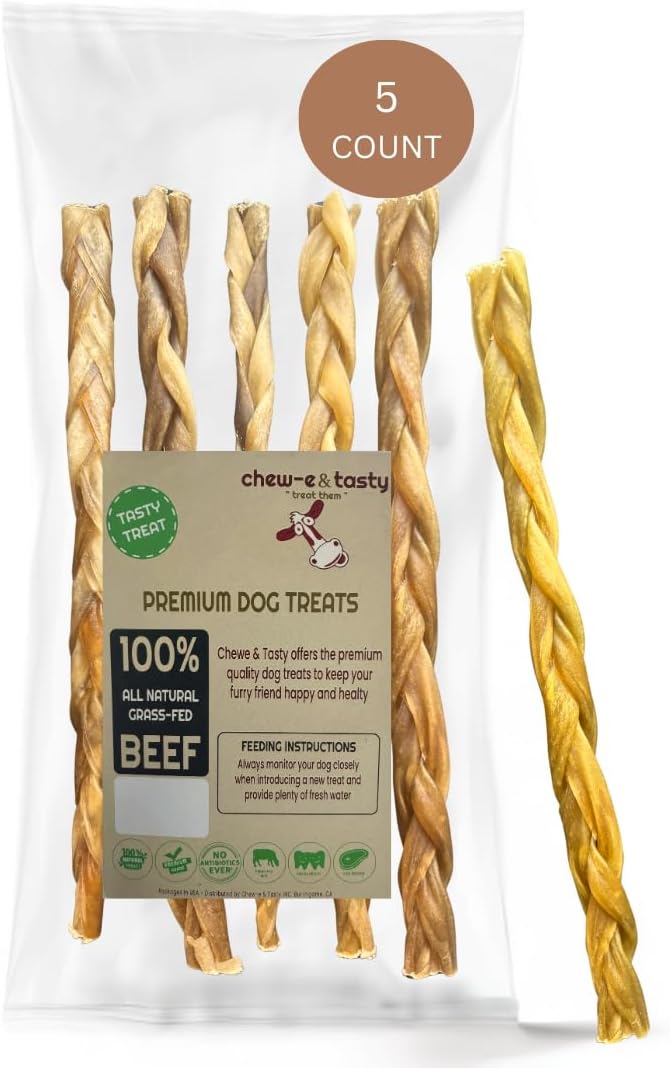 chew-e&tasty Braided Collagen Chews for Dogs (12 Inch, 5 Pack), Odor Free, All Natural Dog Chews, Long Lasting w/Chondroitin & Glucosamine. Bully Sticks and Rawhide Alternative for Medium, Large Dogs