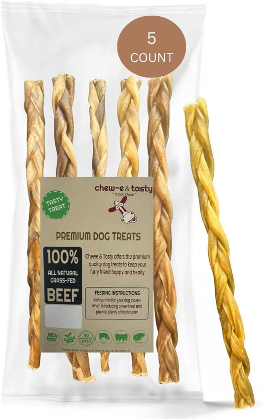 chew-e&tasty Braided Collagen Chews for Dogs (12 Inch, 5 Pack), Odor Free, All Natural Dog Chews, Long Lasting w/Chondroitin & Glucosamine. Bully Sticks and Rawhide Alternative for Medium, Large Dogs