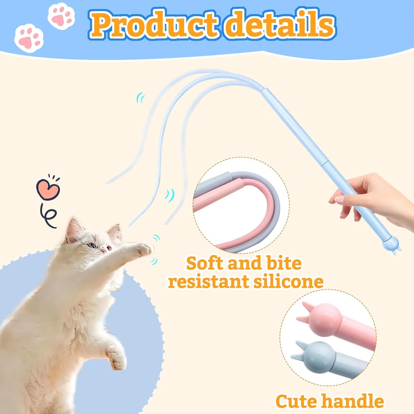 Andiker Mice Tail Cat Wand Toy, 30 inches Long Cat Teaser Stick with Innovative Silicone Rat Tail Easy to Install and Clean Soft Easy Swing Tail Interactive Cat Toys for Indoor Cats (Blue)