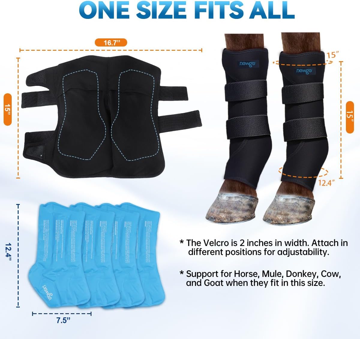 NEWGO Horse Ice Pack Reusable Horse Leg Wrap for Injury, Cooling Horse Knee Wrap Full Coverage Leg Ice Boot Cold Pack 2 Wrap with 4 Gel Packs for Knee, Legs, Boots, and Hooves