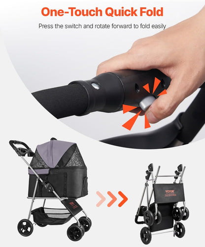 VEVOR Pet Stroller, 35 lbs Weight Capacity, Foldable Dog Stroller Cart, 4 Wheels Cats Strollers with with Detachable Carrier & Mesh Windows, Portable Design with Brake for Small to Medium Pets