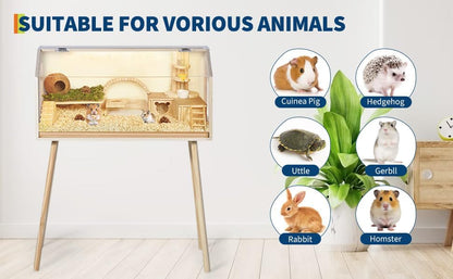 Chew-Proof Acrylic Window & Openable Top - Wooden Hamster Cage with Legs - Spacious Small Animal Habitat for Dwarf Syrian Hamsters, Gerbils, Rats, Guinea Pigs, Chinchillas - Size: 81.28×40.64×101.60cm