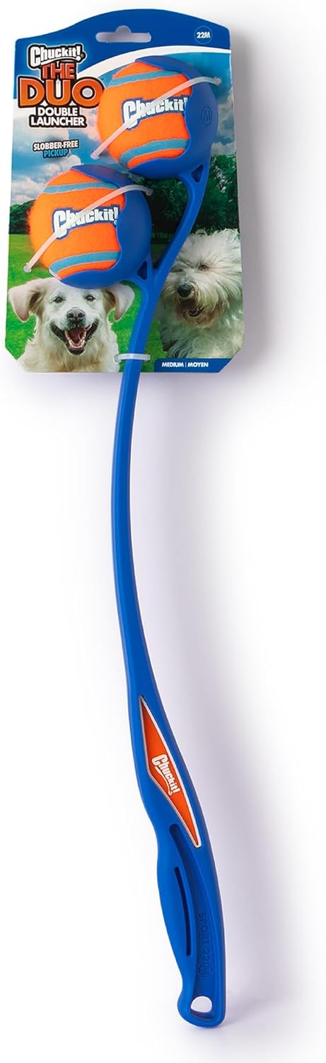Chuckit! The Duo 22M Double Launcher Dog Toy, 22" Length, Includes 2 Medium Tennis Balls (2.5") Size Medium for Breeds 20-60lbs, Multi-Dog and Pack Play