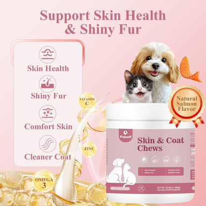 Skin & Coat Chews Supplement for Dogs & Cats, Omega & Salmon Oil Support Skin Health & Shiny Fur, 120ct/300g