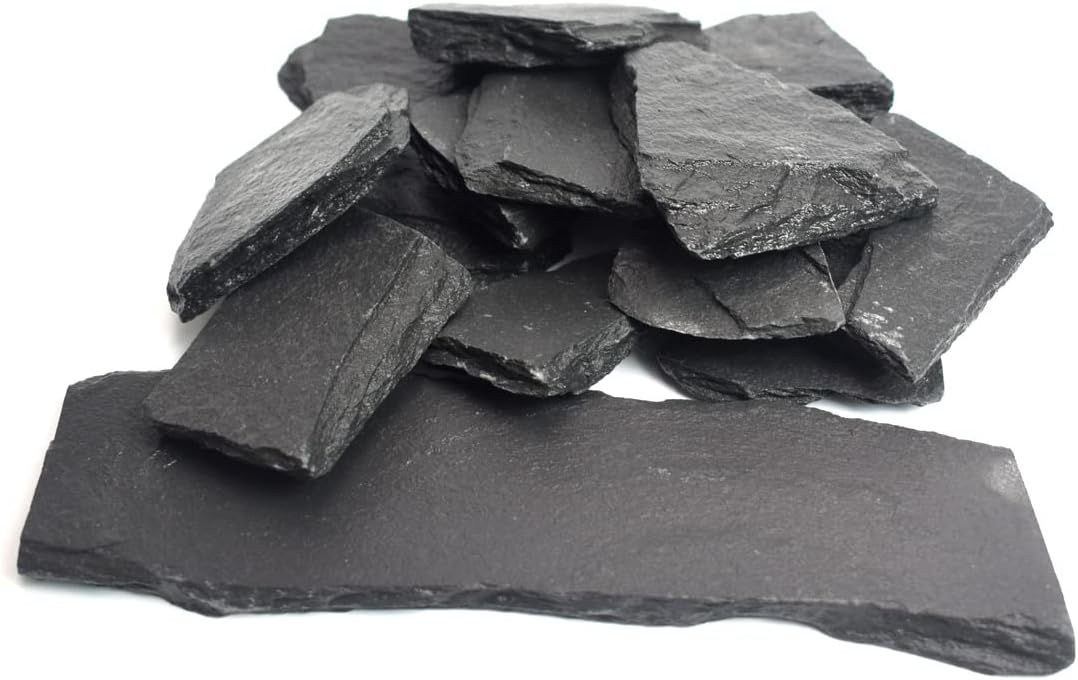 Natural Slate Stone Rocks, Mix of Stones 2 to 3 inches and 1 Piece About 8 inches - for Aquariums and Terrariums, Aquascaping (3 Pounds)