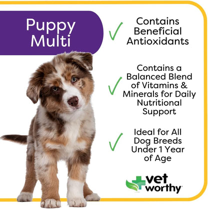 Vet Worthy Puppy MultiVitamins - Multivitamin for Puppies to Support Optimum Health & Overall Wellness - Dog Supplement with Iron,Magnesium,Zinc,Vitamin A,B Vitamins - Liver Flavor,60 Chewable Tablets