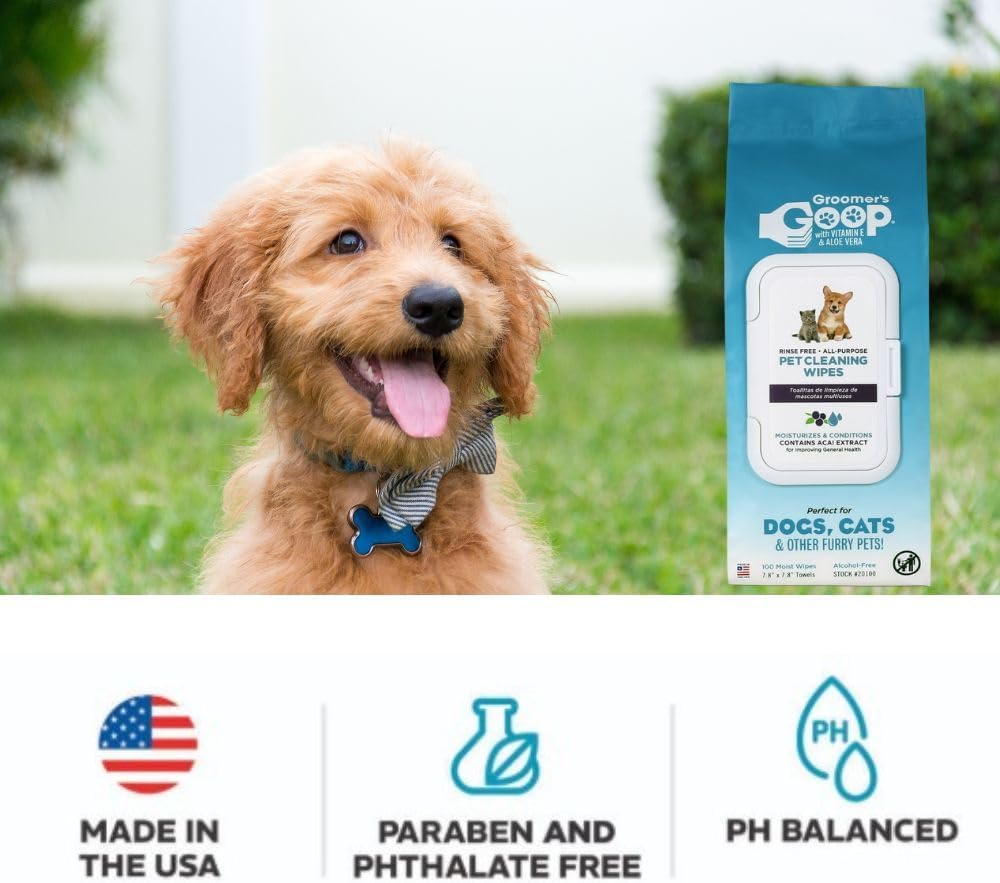 Groomer’s Goop Pet Cleaning Wipes – Gentle, Alcohol-Free Formula with Acai Extract for Dogs & Cats, Safely Cleans & Deodorizes Fur, Supports Skin Health, Great for Puppies & Kittens – 100 Count Pack