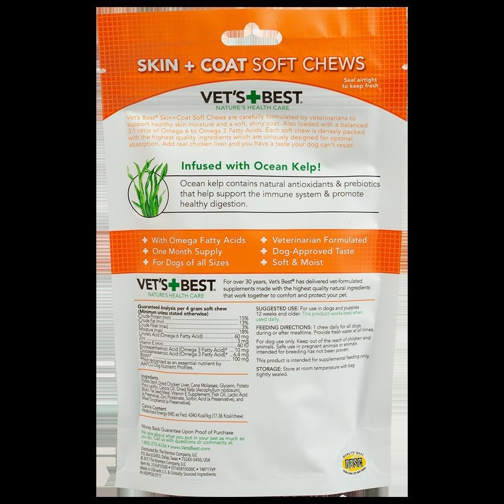 Vet's Best Skin & Coat Dog Supplements - Formulated with Vitamin E and Biotin to Maintain Dogs Healthy Skin and Coat - 50 Chewable Tablets