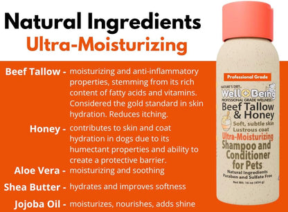 Well-Being Ultra-Moisturizing Beef Tallow and Manuka Honey Shampoo and Conditioner for Dogs and Cats Subtle Skin, Lustrous Coat Stops Itching, Rich in Fatty Acids, Nutrients 16 Ounces