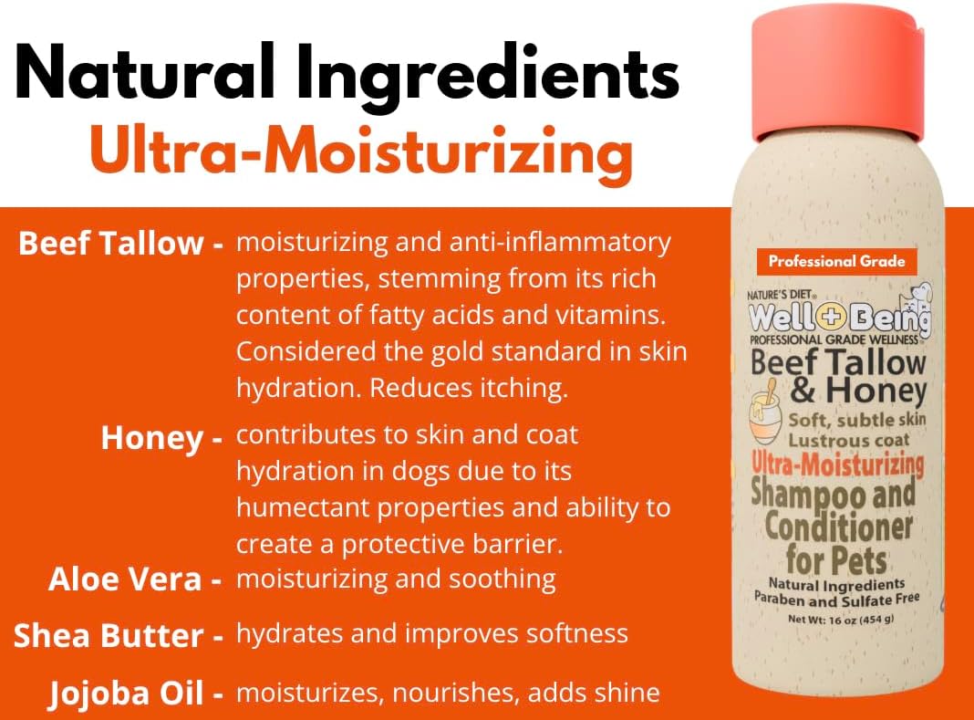 Well-Being Ultra-Moisturizing Beef Tallow and Manuka Honey Shampoo and Conditioner for Dogs and Cats Subtle Skin, Lustrous Coat Stops Itching, Rich in Fatty Acids, Nutrients 16 Ounces
