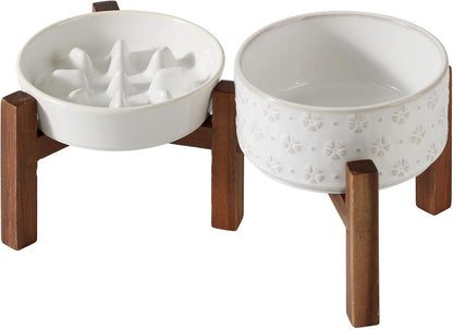 Ceramic 0.9 Cup Raised Slow Feeder Dog Food and Water Bowl Set, Elevated 6.1inch Bowl and 6.1inch Dish with Acacia Wood Stand for Small Dogs (2 x Reactived Glaze -White+ Stand)