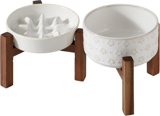 Ceramic 0.9 Cup Raised Slow Feeder Dog Food and Water Bowl Set, Elevated 6.1inch Bowl and 6.1inch Dish with Acacia Wood Stand for Small Dogs (2 x Reactived Glaze -White+ Stand)