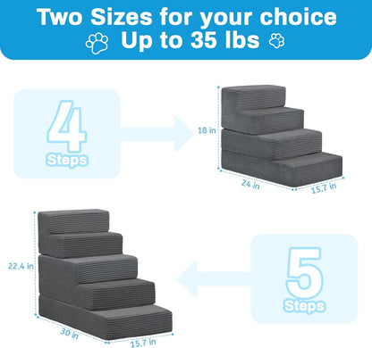Dog Stairs for Small Dogs 22.4 H'', 5 Step Pet Stairs for High Beds Climb, Non-Slip Dog Steps for Bed Balanced, Foldable Soft Foam Support with Removable Washable Cover, Grey