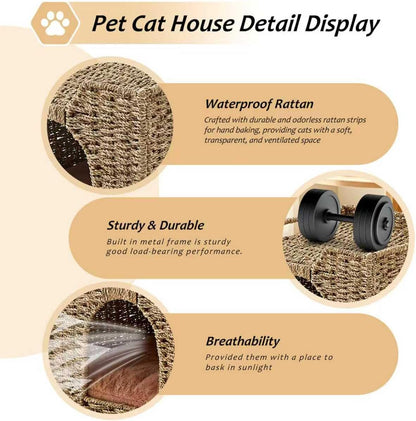 Cat Houses for Indoor Cats, Handwoven Natural Seagrass Cat Cave Pet Cube,Foldable Pet Cat House, Cat Beds with Double-Sided Mat, Hideaway, in Living Room Bedroom