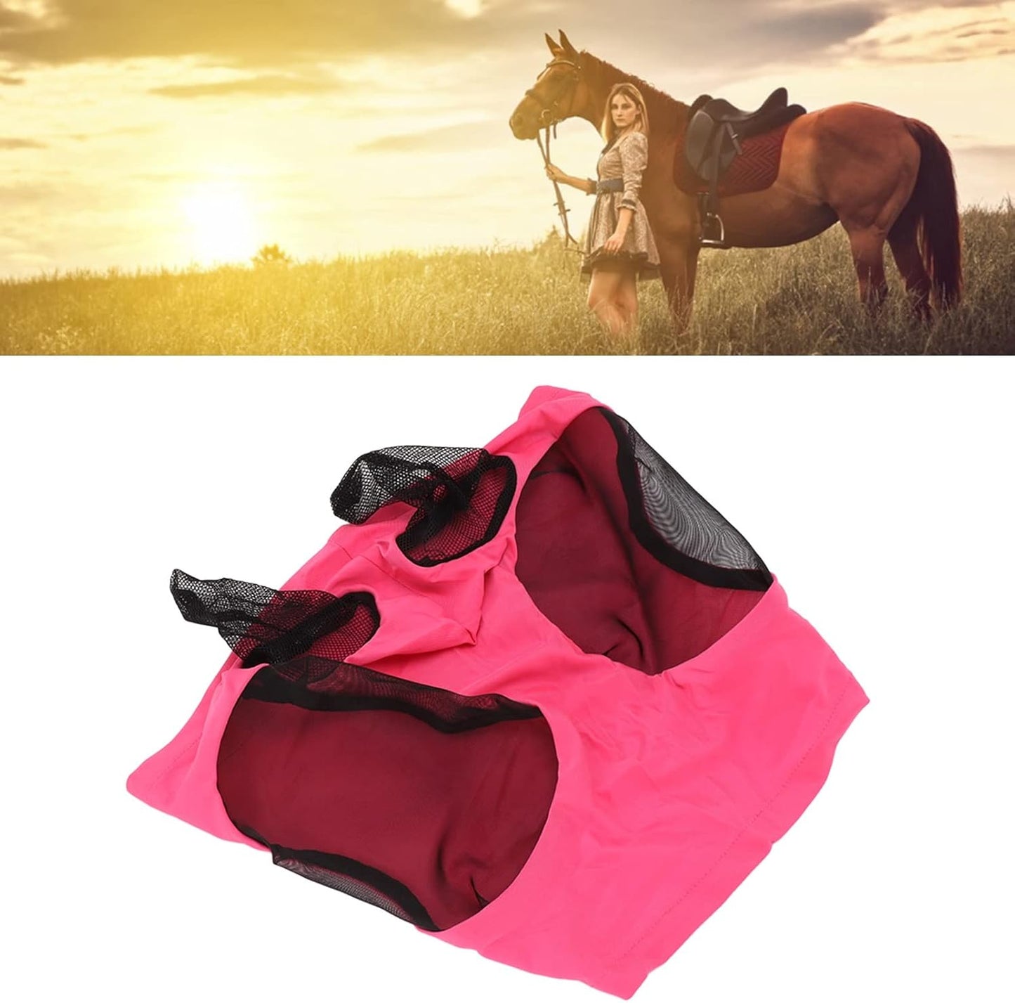 Horse Mesh Fly Mask Breathable Elastic Horse Face Mask with Ears Protection Riding Equestrian Equipment (17.3x14.2in)