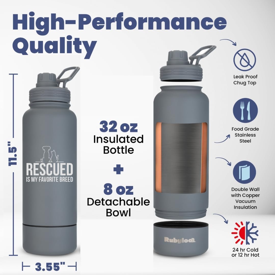rubyloo Dog Mom Essentials Bundle - Puffer Tote with Storage Containers (Black) and 32 oz Water Bottle with Detachable Bowl (Rescued is My Favorite Breed) - Travel Bag and Hydration Set