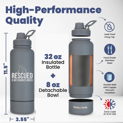 rubyloo Dog Mom Essentials Bundle - Puffer Tote with Storage Containers (Black) and 32 oz Water Bottle with Detachable Bowl (Rescued is My Favorite Breed) - Travel Bag and Hydration Set
