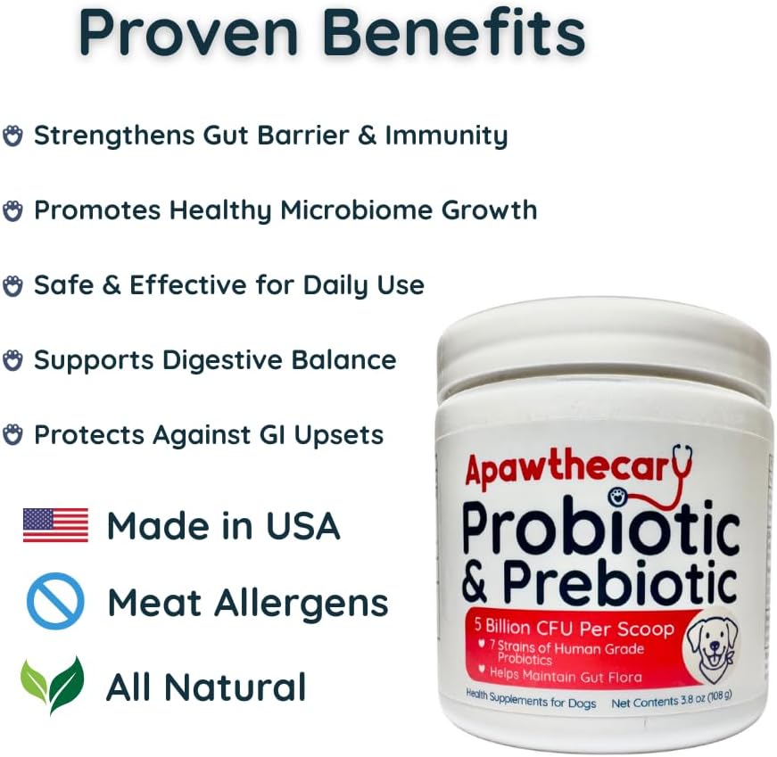Apawthecary Probiotic and Prebiotic Supplement for Dogs, 5 Billion CFU, 7 Strains, Gut Health Support, 3.8 oz Powder with Pumpkin and Carrot