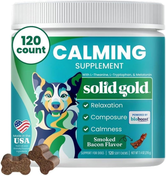 Solid Gold Calming Chews for Dogs - Dog Calming Chews w/Melatonin for Separation, Stress & Hyperactivity Relief - Supports Relaxation for Travel, Fireworks & Storms - All Ages & Sizes - Bacon 120ct