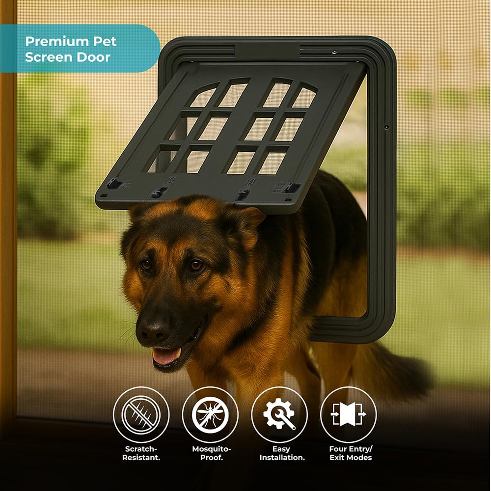Large Pet Screen Door, 13 x 17 inches, Magnetic Self-Closing Dog Cat Door with 4-Way Entry, Black (Large)
