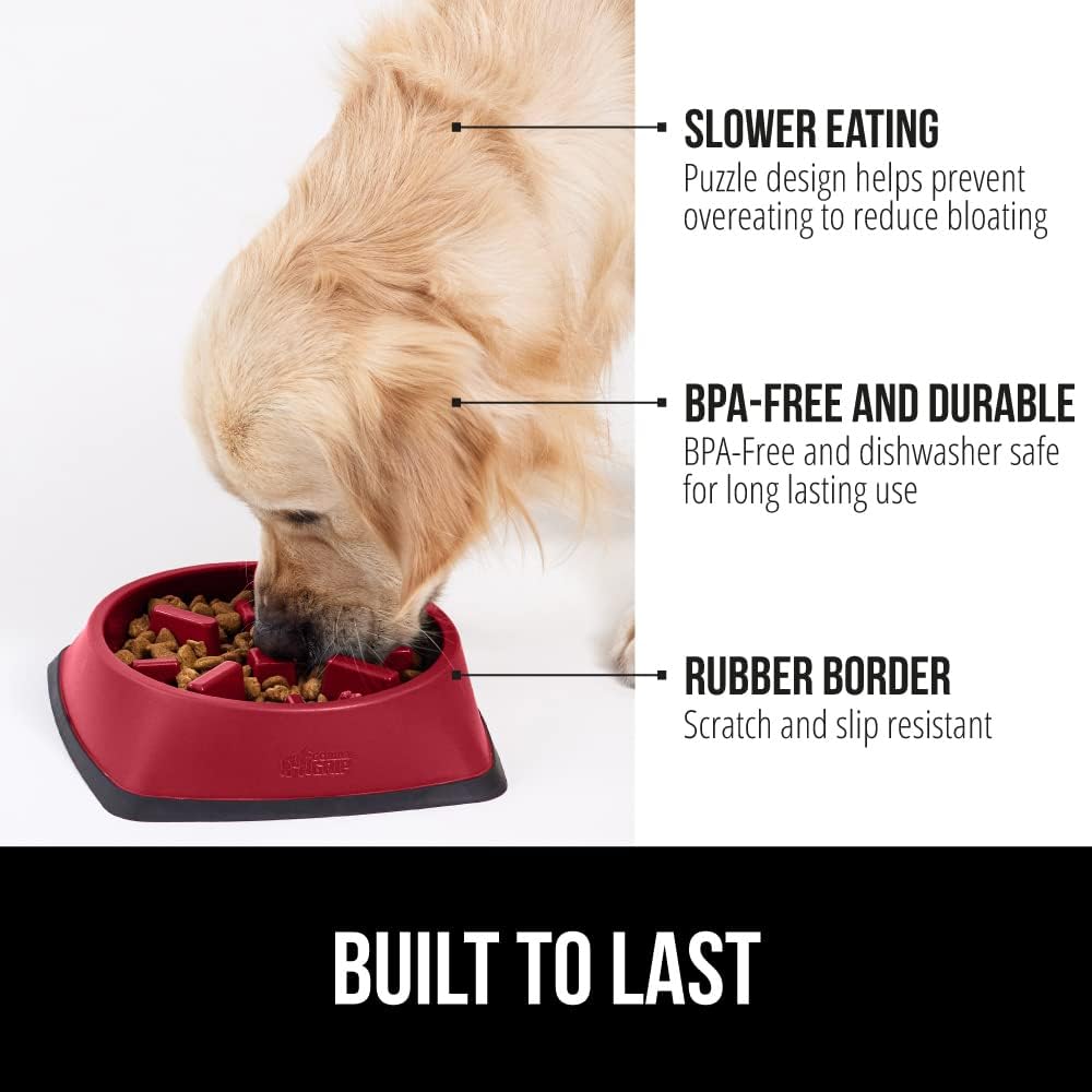 GORILLA GRIP Patent Pending Slow Feeder Dog Bowls, Interactive Puzzle Toy for Dogs and Cats Food Training, Keeps Pets Busy and Prevents Puppy Overeating, All Breeds, 100% BPA Free, 2 Cup, Red