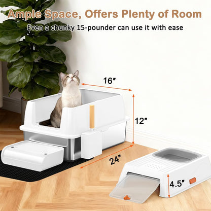 SZEE XL Stainless Steel Litter Box, Top Exit Design, Non Stick, No Smell, Easy Cleaning, Activated Charcoal Odor Control Design, Half/Fully Enclosed Design, Footboard, Trapping Mat & Scoop Included