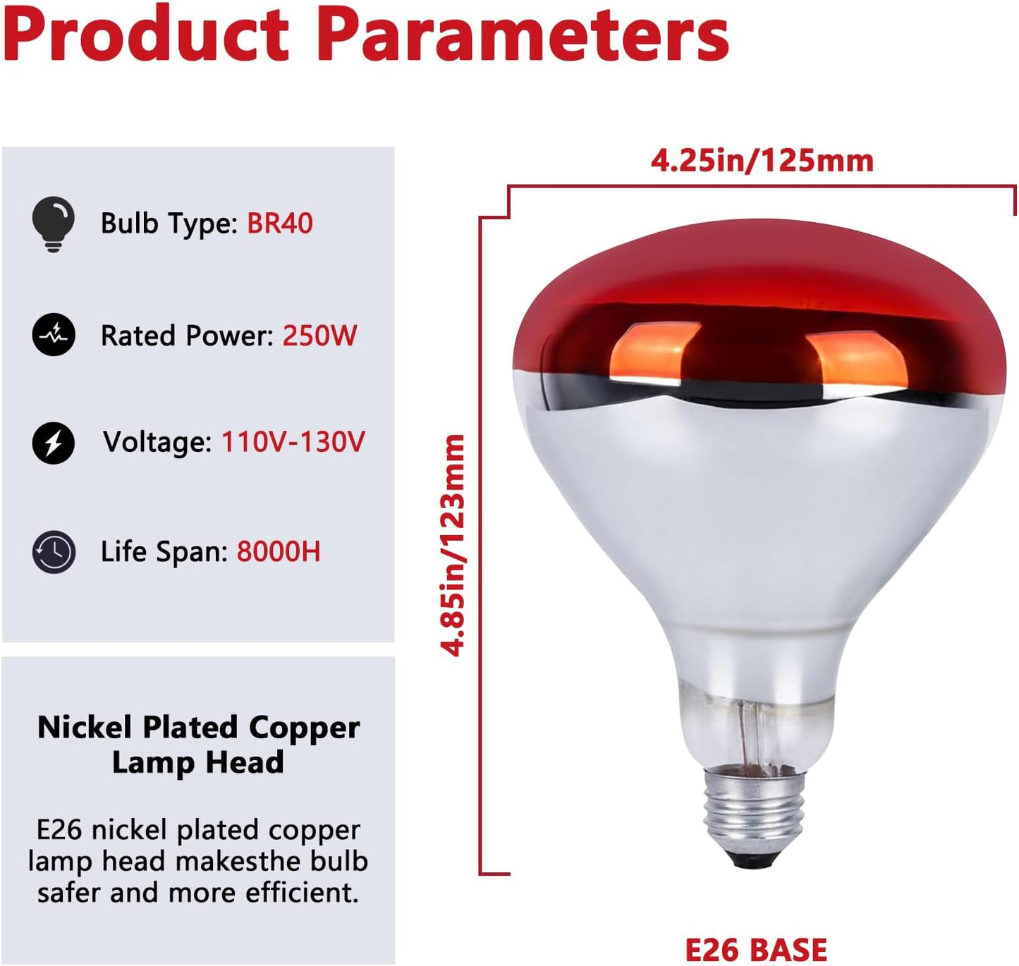 250W R40 Infrared Heat Lamp Bulb for Chicken Brooder, Pets, Reptiles, Bathroom & Sauna, E26 120V, 2000Hrs Red Light Therapy, 1-Pack