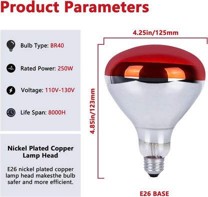 250W R40 Infrared Heat Lamp Bulb for Chicken Brooder, Pets, Reptiles, Bathroom & Sauna, E26 120V, 2000Hrs Red Light Therapy, 1-Pack