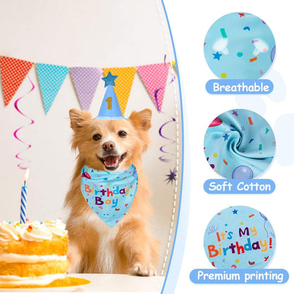 Dog Birthday Party Supplies, Dog Birthday Bandana Set, Dog Boy Girl Birthday Party Hat with Numbers for Large Medium Small Dogs Pet (Blue)