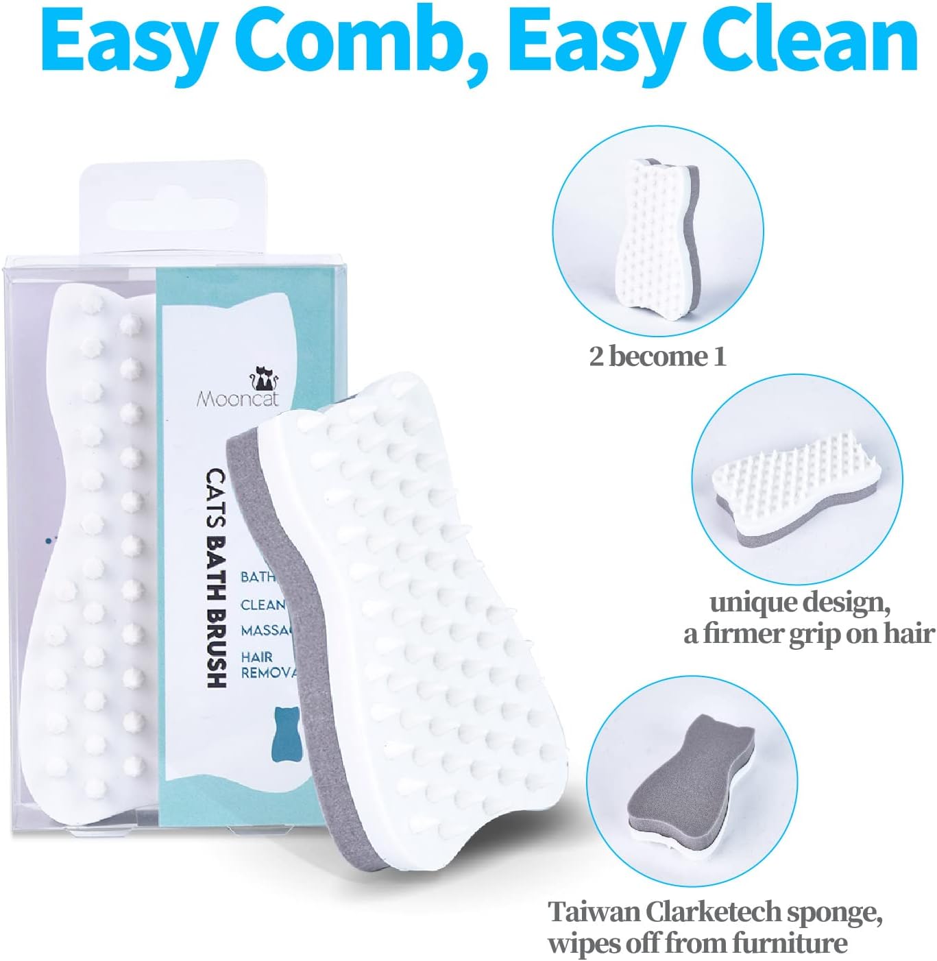 Mooncat Pet Eye Wipes and Cat Grooming Brush Bundle, 40 Count Finger Cot Tear Stain Remover, Silicone Shedding Massage Comb, Gentle Cleaning Kit for Long Short Hair