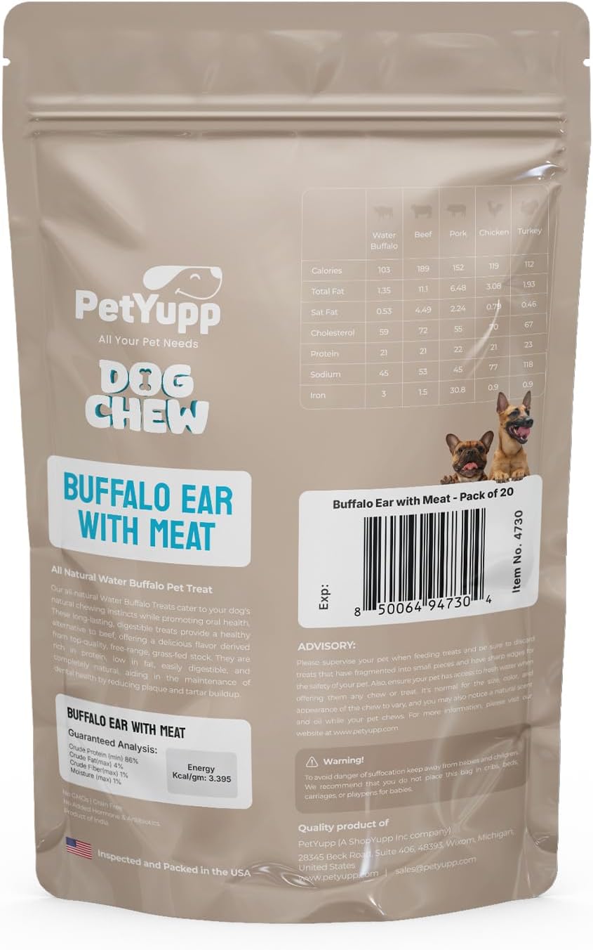 Water Buffalo Ears for Dogs 20 Count - All Natural, Single Ingredient & Long-Lasting Beef Ears for Small, Medium & Large Dogs - Promotes Dental Health & Rawhide Free Dog Treats
