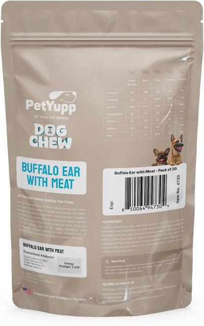 Water Buffalo Ears for Dogs 20 Count - All Natural, Single Ingredient & Long-Lasting Beef Ears for Small, Medium & Large Dogs - Promotes Dental Health & Rawhide Free Dog Treats