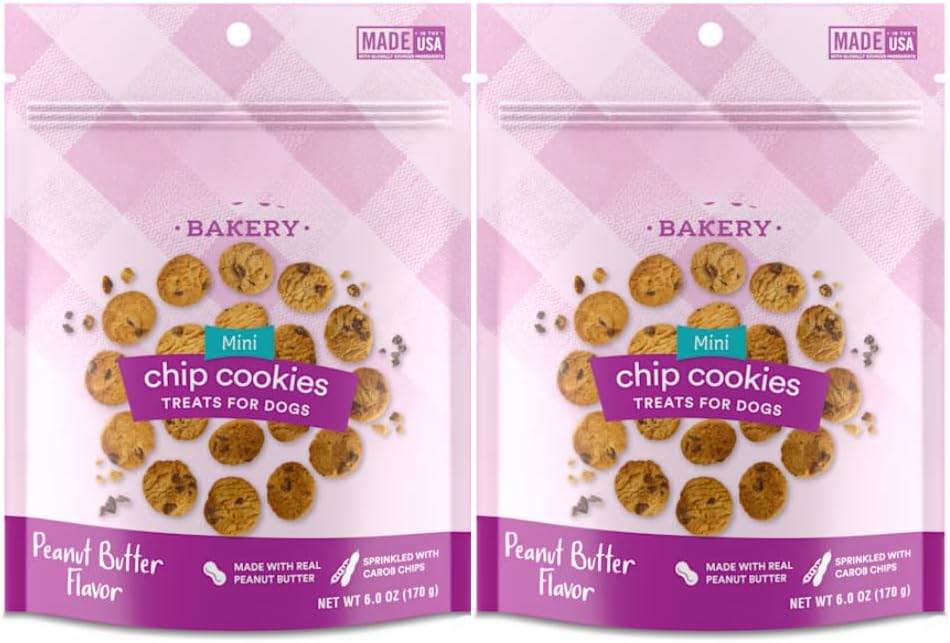 Peanut Butter Chip Cookie Dog Treats – 2 Pack (6 oz Each, 12 oz Total) – Crunchy Oven-Baked Biscuits with Carob Chips – Made in USA Training & Reward Snacks