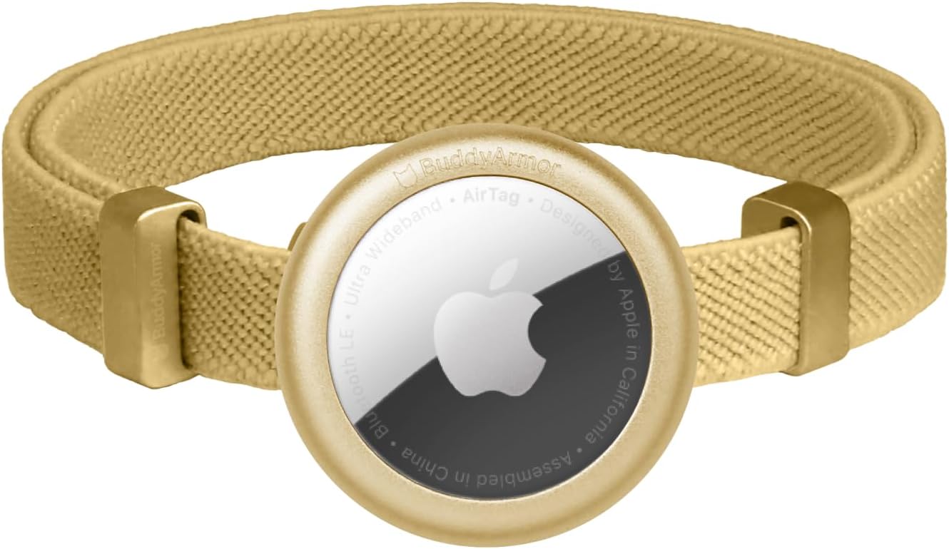 Cat Airtag Collar, US IDA Gold Award Cat Safety Collar Non Breakaway Elastic Airtag Collar Lightweight Airtag Holder Anodized Aluminium Case for Kitten Small to Large Cats,S(Gold Champagne)