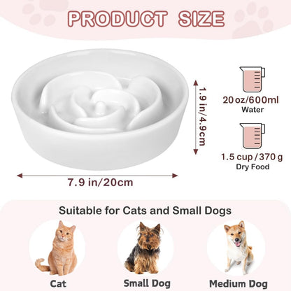 TRUVIC Ceramic Slow Feeder Dog Bowls, 1.5 Cup Puzzle Slow Feeder Bowls for Fast Eaters, Ceramic Dog Food Dish no Black Chin, Puzzle Bowl for Medium Dogs, White