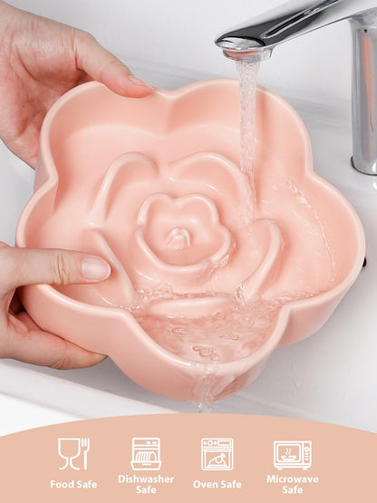 Ceramic Slow Feeder Dog Bowl, Anti-Choking Slow Food Bowls, 8" 11.3oz Slow Feeder for Medium, Large Breeds, Plum Puzzle Design, Non-Slip Silicone, Dishwasher and Microwave Safe, Pink