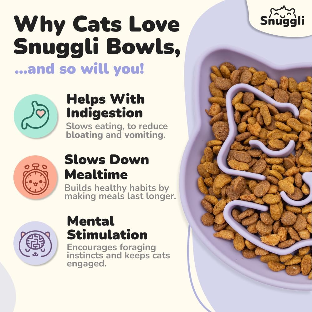 Snuggli Slow Feeder Cat Bowl | Cat Puzzle Feeder for Slow Eating, Mental Enrichment, Digestion, & Bloat Relief | Non-Slip Silicone, Dishwasher Safe, 1 Cup (Lavender)