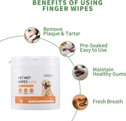 Pet Teeth Disposable Gentle Cleaning Wipes Multifunctional, Finger Toothbrush for Dogs & Cats Bad Breath Eliminator Removing Plaque & Tartar Buildup No-Rinse Gum Care Pet Wipes 55
