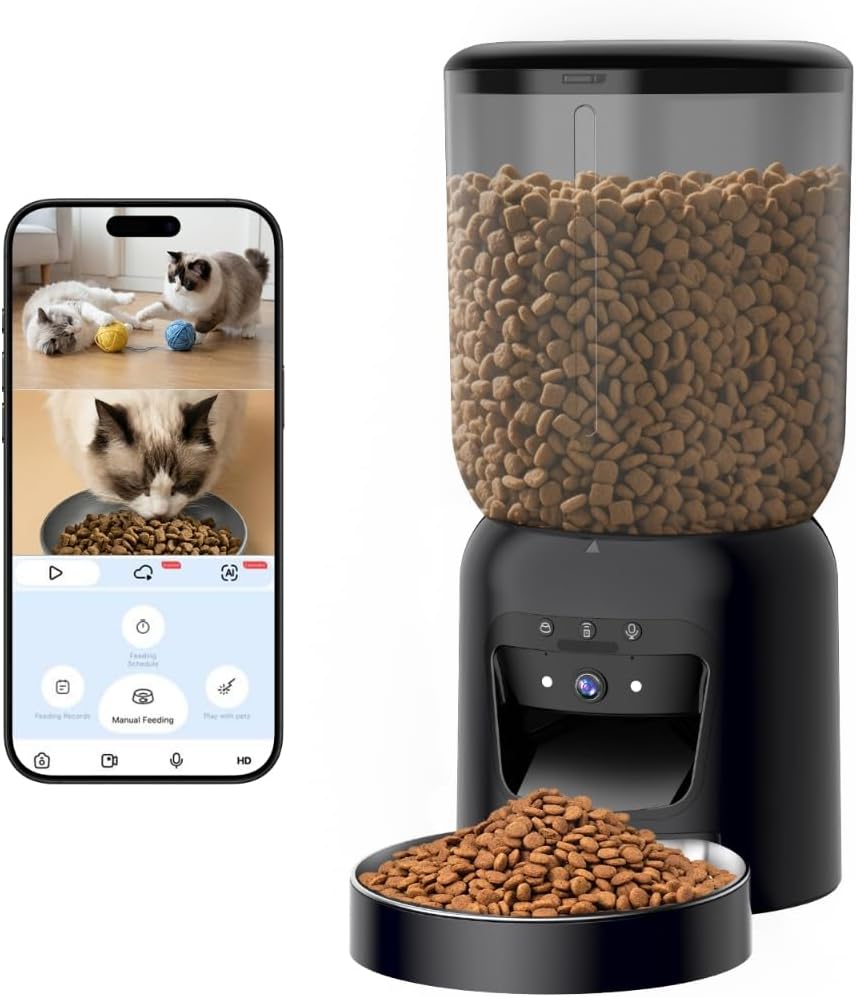 Automatic Cat Feeder with Camera, HD 3K Video with Night Vision, 5G/2.4G WiFi with 2-Way Audio, Auto Feeding Schedule, Detachable Washable Parts, Black