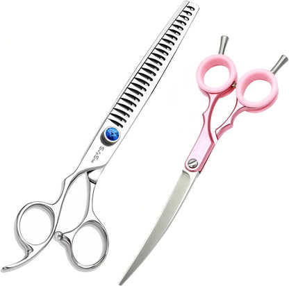 7.5in 24 Teeth Chunker & 6.75in Pink Curved Dog Grooming Scissors, Japan 30 Degree Bend, VG10 Steel Sharp Scissors for Dog Grooming, Professional Pet Thinning Shears for Dogs Cats on Face Paw