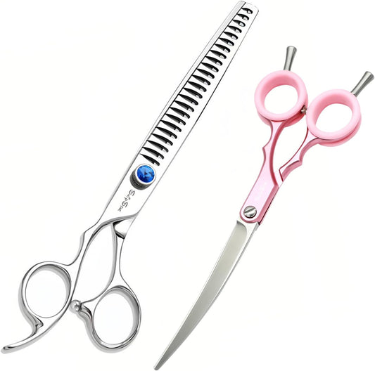 7.5in 24 Teeth Chunker & 6.75in Pink Curved Dog Grooming Scissors, Japan 30 Degree Bend, VG10 Steel Sharp Scissors for Dog Grooming, Professional Pet Thinning Shears for Dogs Cats on Face Paw