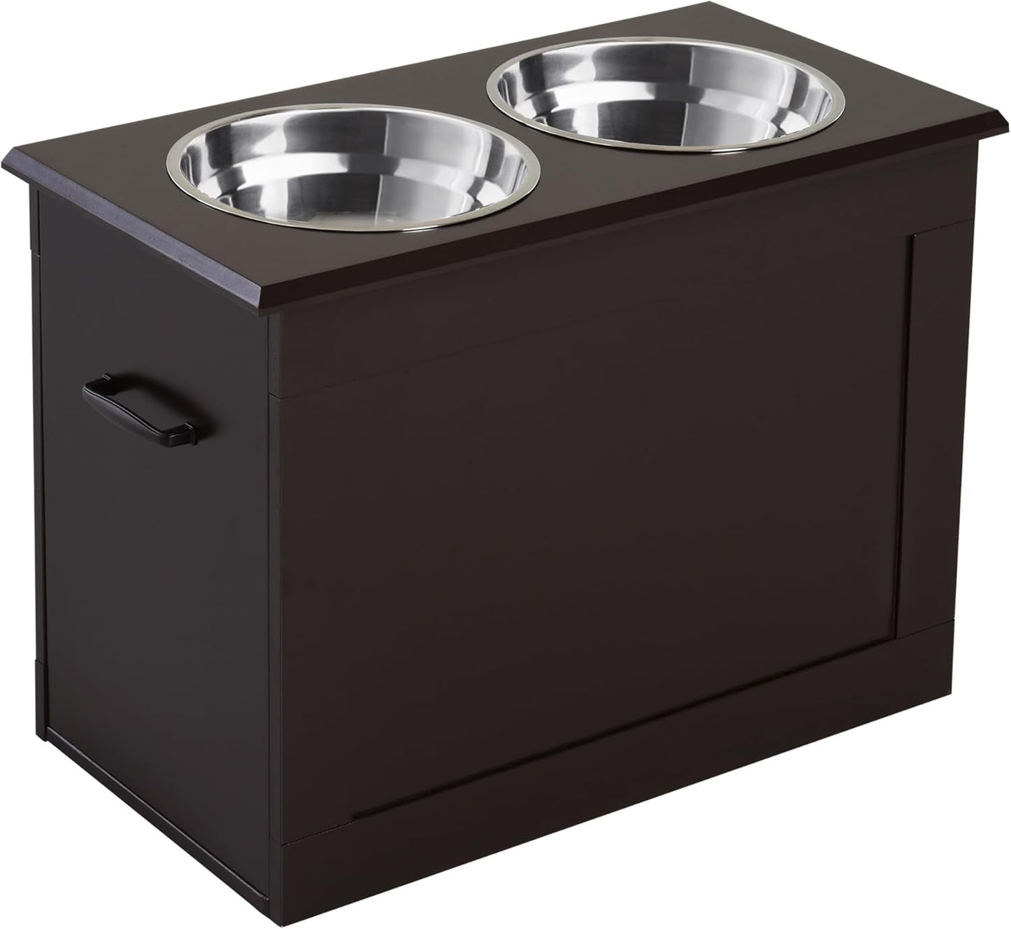 GREAZ Raised Pet Feeding Storage Station for Large Dogs, Improve Comfort and Convenience, with 2 Stainless Steel Bowls, Dark Brown Design