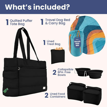 rubyloo Dog Mom Bundle - Puffer Tote with Storage Containers (Black) and Foldable Travel Bed (Sunset Surf Teal) - Travel Bag and Cozy Mat Set